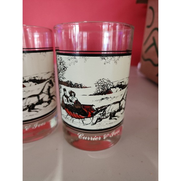 Currier and Ives Christmas Glasses Sleigh Ride Drink Glass Cups Vintage Set Of 4 - Picture 3 of 8